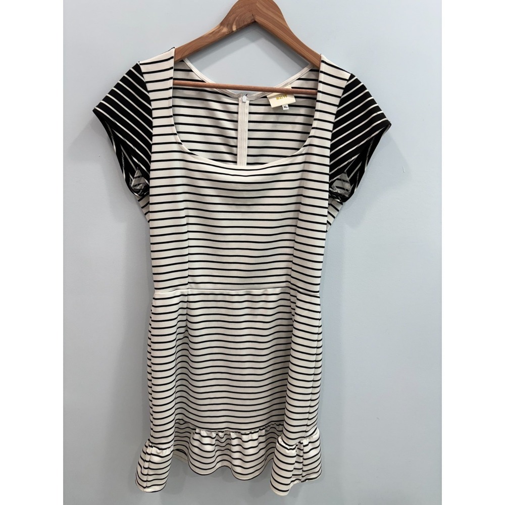 Maeve Striped Dress Womens XL Black White Stretch Ruffle Hem Anthropologie